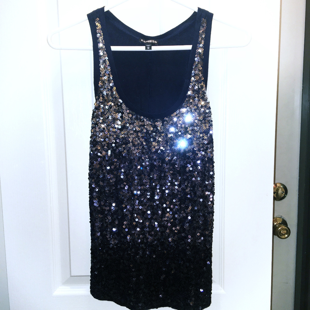 Express Navy Blue Sequin Tank Top Size X Small - Picture 6 of 8